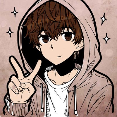 teenage manga boy in a hoodie, doing ✌