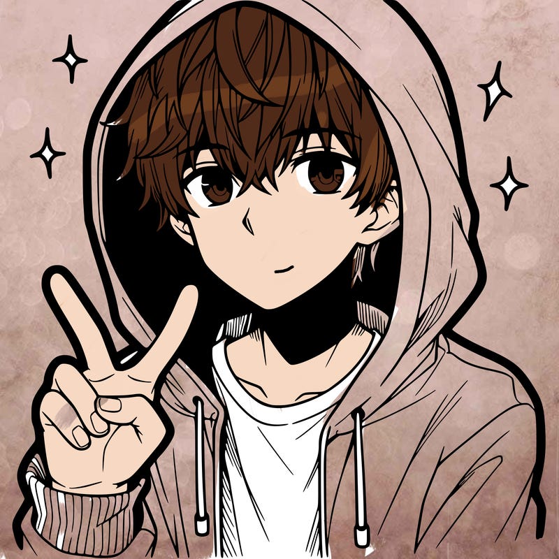 teenage manga boy in a hoodie, doing ✌