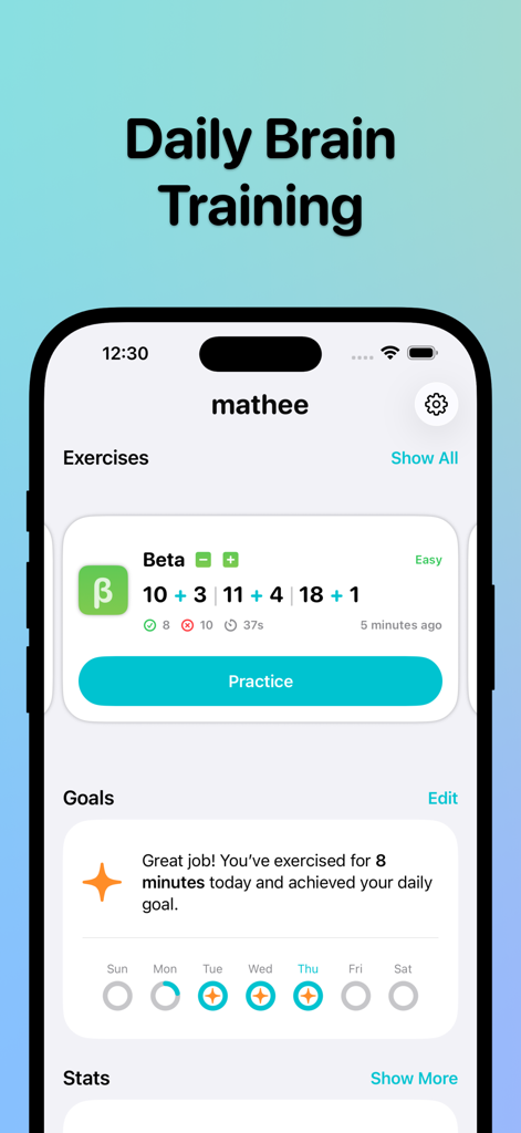 Mental Math - Mathee - Mental Math Mathee app dashboard showing daily brain training exercises and goal tracking