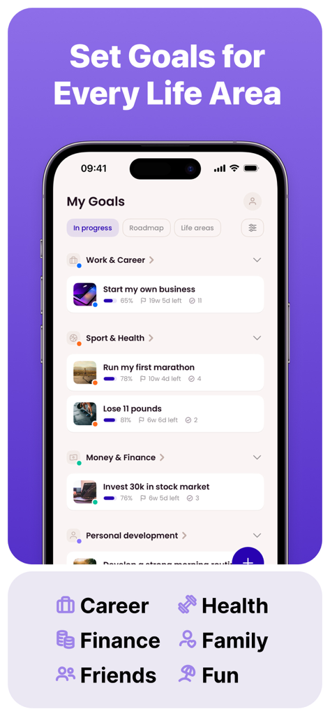 Goal Tracker: Griply - Griply app screen displaying personal goals categorized by life areas like career health and finance