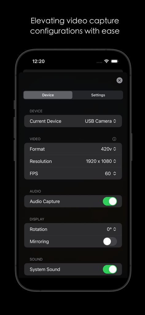 CamX - USB Camera - CamX app interface showing video capture configuration settings for a USB camera