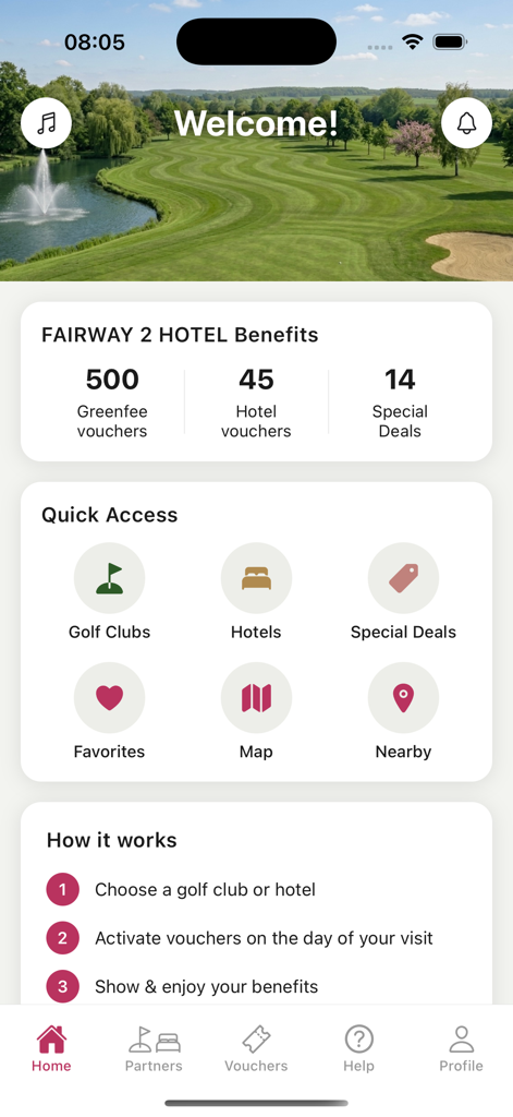 FAIRWAY 2 HOTEL - Tela inicial do FAIRWAY 2 HOTEL mostrando vouchers de golfe e hotel