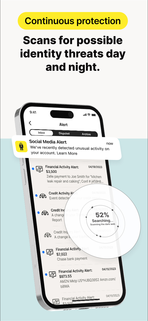 LifeLock Identity app interface showing real-time identity protection alerts and dark web scanning.