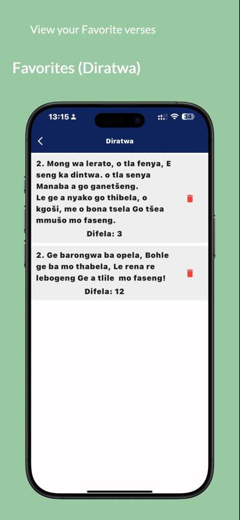 Difela Tša Luthere SA - Favorites screen of the Difela Tsa Luthere SA mobile app showing saved Sepedi Lutheran hymn verses