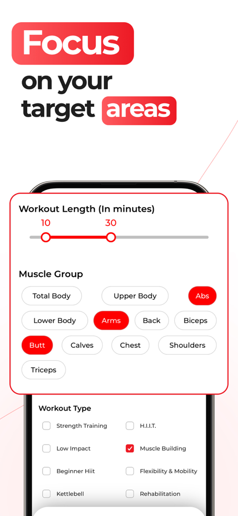 HASfit: Home Workout Programs - HASfit app interface showing customizable workout filters for duration and muscle groups.