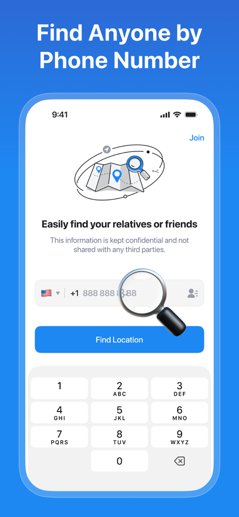 Phone Tracker - Share Location - Una captura de pantalla de la aplicación Rastreador de Teléfono que muestra la función para encontrar familiares o amigos ingresando su número de teléfono.
