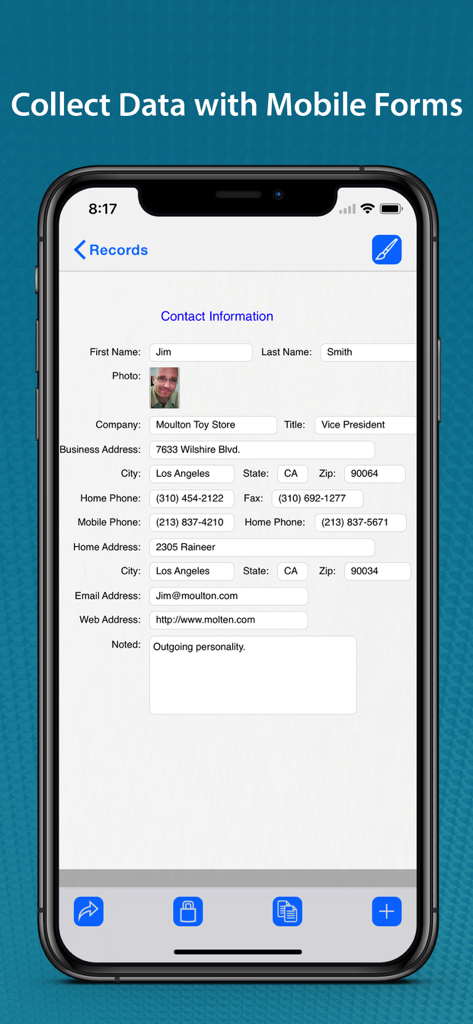 FormConnect Pro - FormConnect Pro mobile app showing a completed digital contact information form on an iPhone.