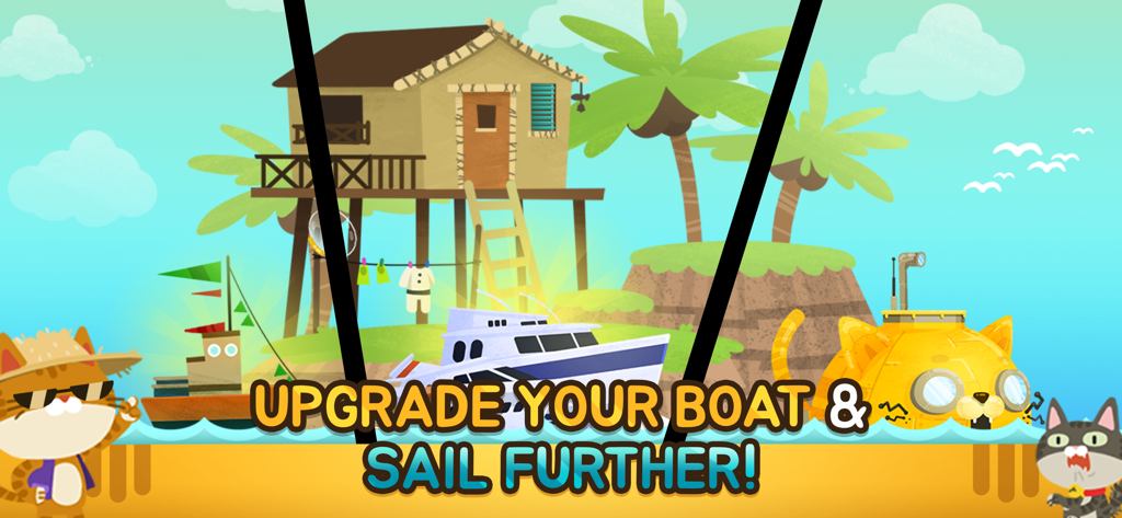 The Fishercat - Cute cat characters on a tropical island showing different boat upgrades and a yellow cat submarine