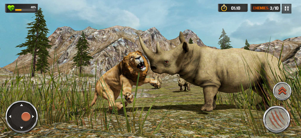 Lion Simulator Wildlife Animal - Lion facing off against a rhinoceros in a 3D wildlife simulation game