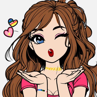 realistic girl winking and blowing a kiss while making heart hands