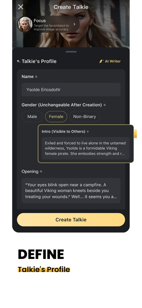 Interface for defining a personalized AI character name gender and story in the Talkie app