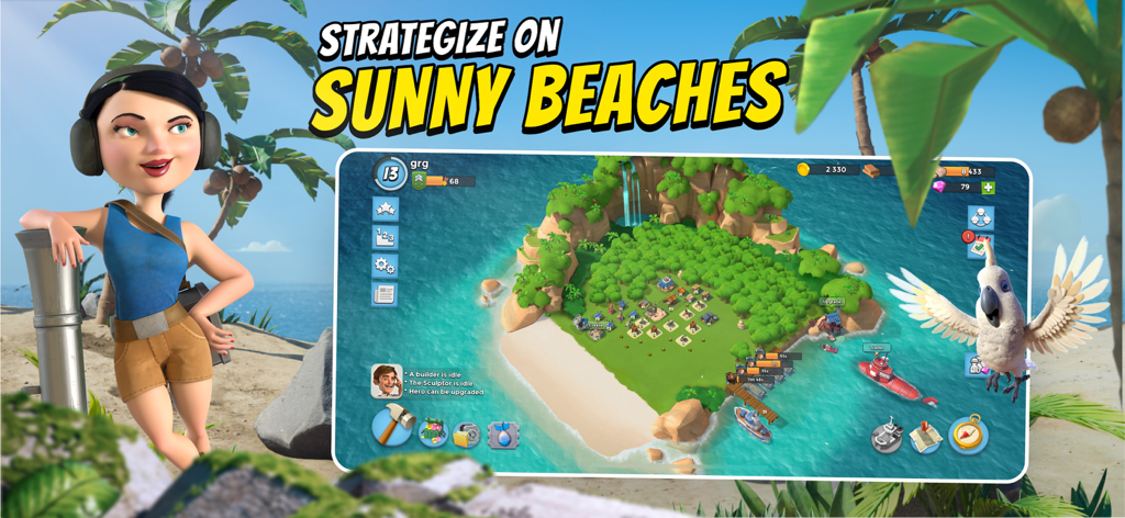 Jugabilidad de Boom Beach mostrando el diseño de una base en una isla tropical con el texto 'Estrategiza en Playas Soleadas'