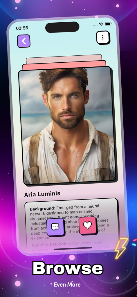 Covey – Curiosity Chat - Covey 앱 인터페이스, Aria Luminis의 캐릭터 프로필에 초상화와 배경 설명 표시