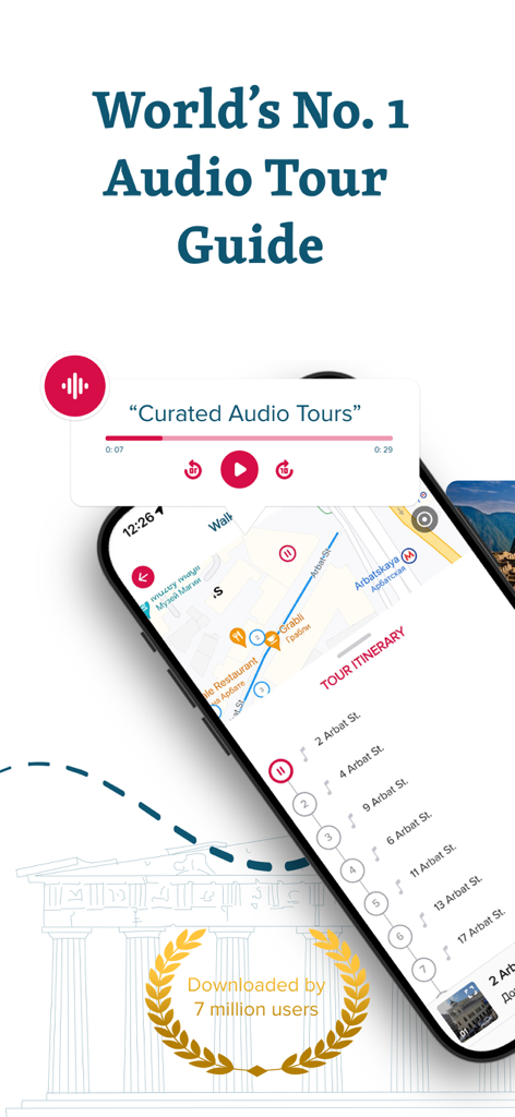Interfaz de la aplicación izi.TRAVEL que muestra un mapa con itinerario de tour a pie y controles de reproducción de audio.