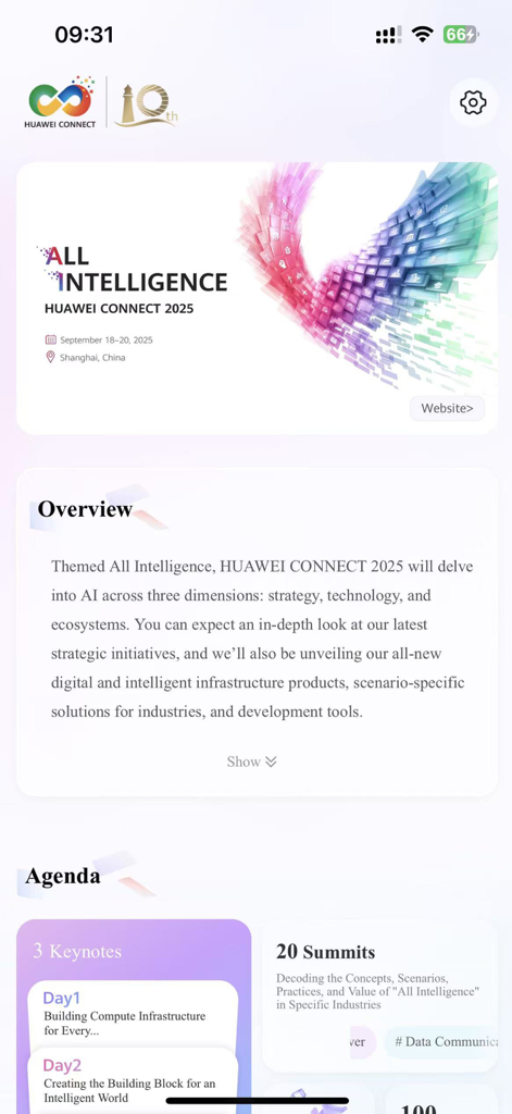 Huawei Connect - Home screen of the Huawei Connect 2025 app showing event overview and agenda details