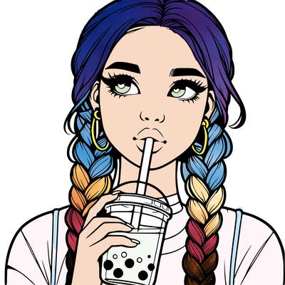 realistic girl with braided hair drinking boba