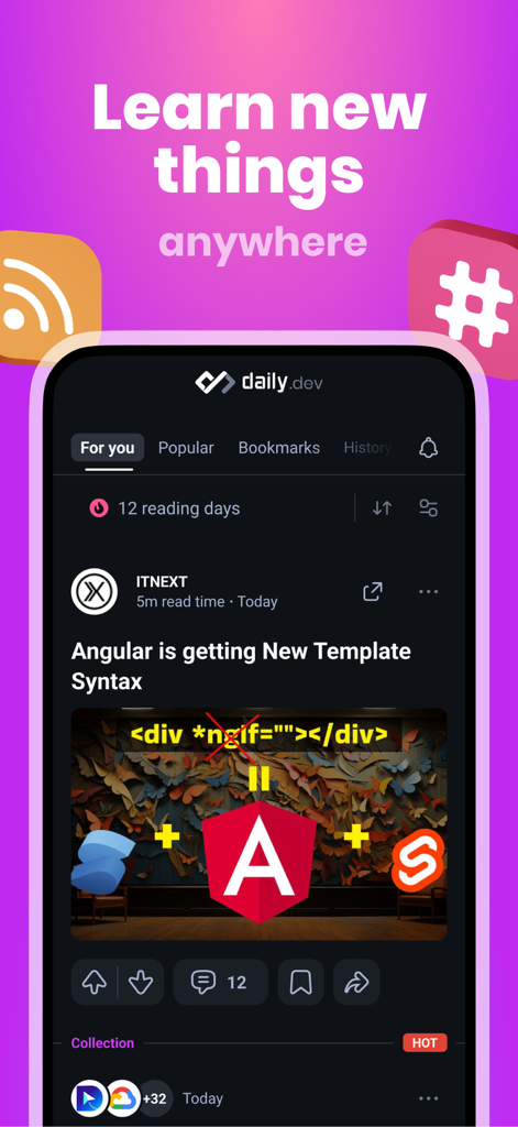 daily.dev - Interfaz de la aplicación móvil de Daily dev mostrando un feed personalizado de noticias para desarrolladores y tutoriales técnicos.
