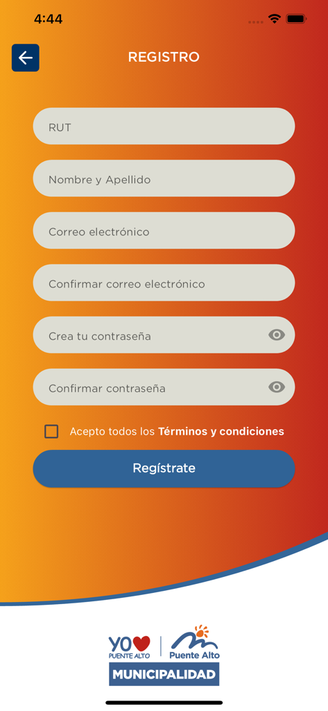 Tu Puente - Formulario de registro para la aplicación Tu Puente con campos para información del usuario