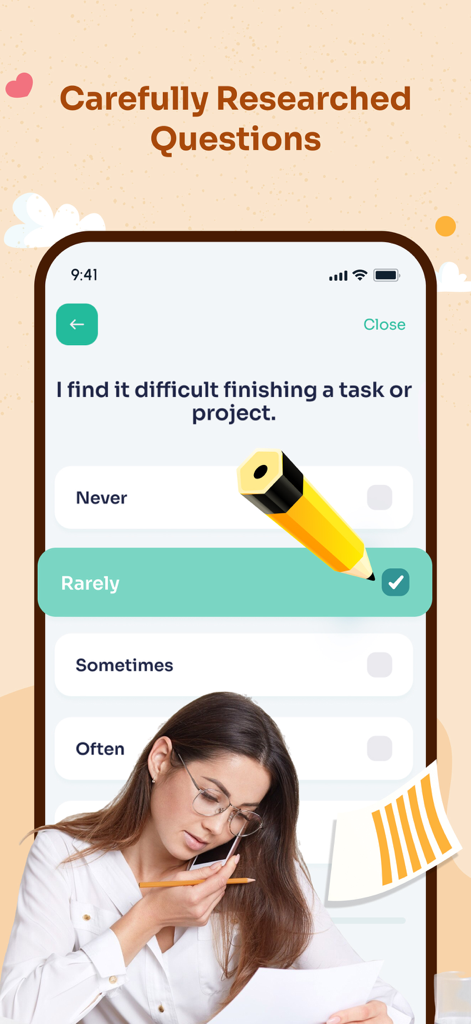 Mental Health - Self Care - Pantalla de prueba psicológica interactiva en la aplicación de autocuidado de salud mental.