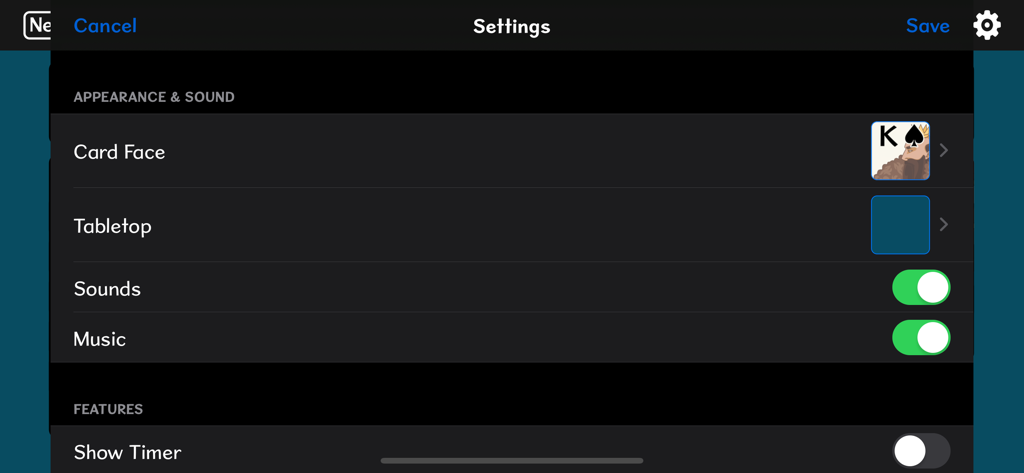 The settings menu for Seahaven Towers plus showing options for card face tabletop sound and music.