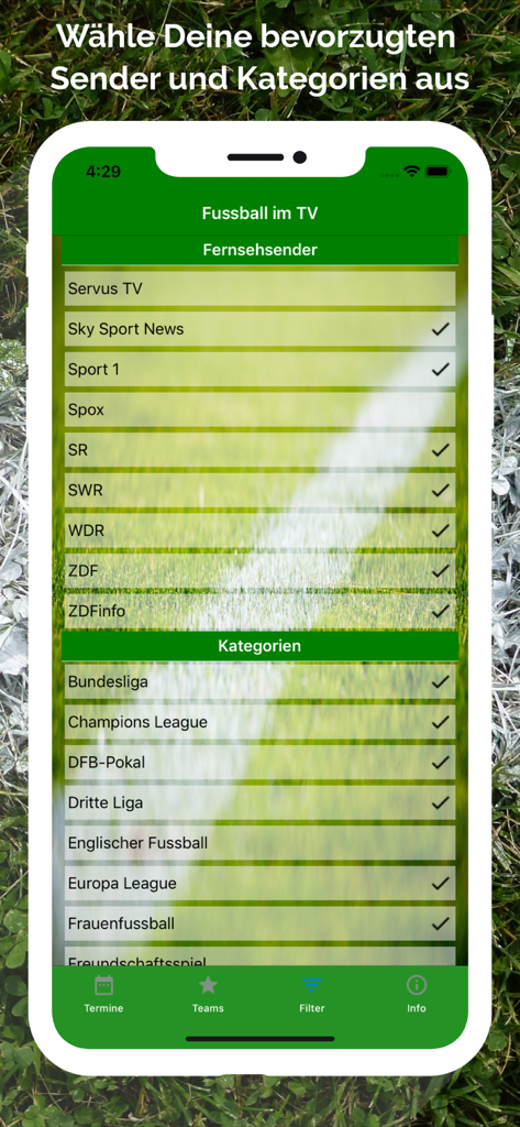 Fussball im TV live - テレビチャンネルとサッカーリーグカテゴリのフィルター設定を表示するFussball im TV liveアプリのスクリーンショット