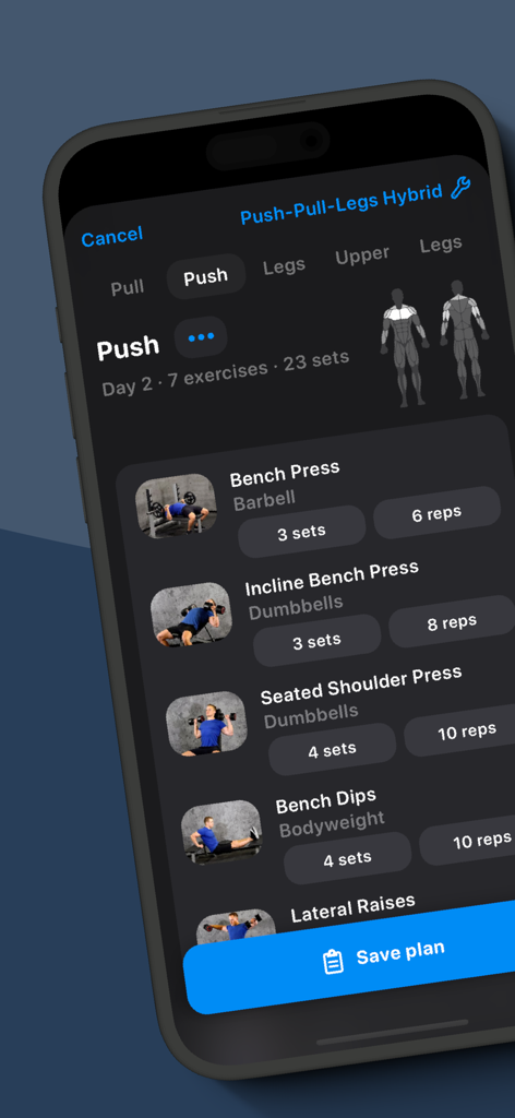 Alpha Progression app interface displaying a push day workout routine with exercise sets and reps