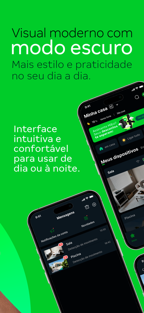 Mibo Smart: Casa Inteligente - Mibo Smart home automation app interface in dark mode featuring security camera feeds and notifications.