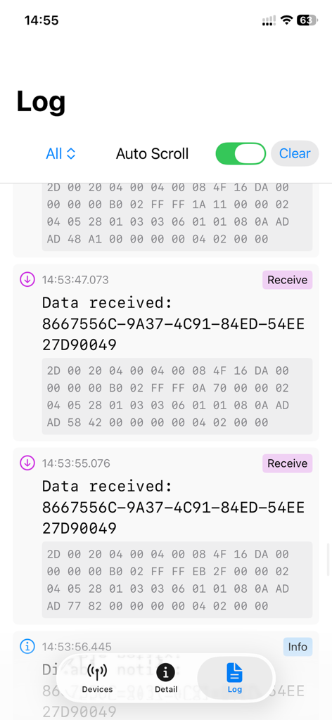 Communication log screen of the Bluetooth Tool Debug app displaying received hexadecimal data packets and device UUIDs
