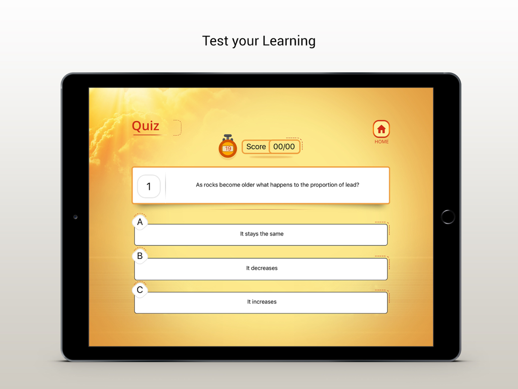 Ein interaktiver Physik-Quizbildschirm auf einem iPad, der eine Multiple-Choice-Frage zum radioaktiven Zerfall in Gesteinen zeigt