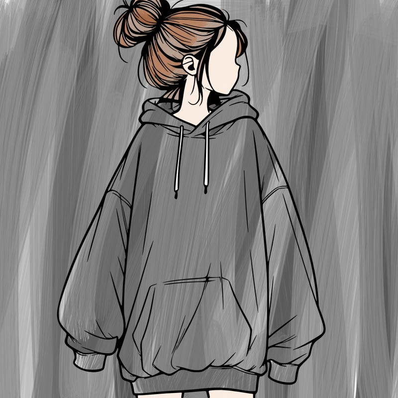 realistic girl with a oversized sweatshirt on and a bun