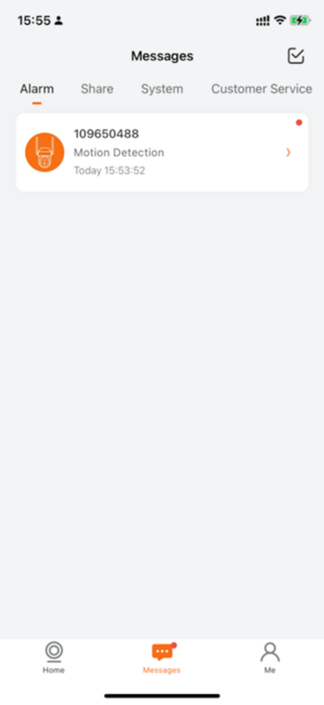 A screenshot of the Safeview app messages screen displaying a motion detection alarm notification.