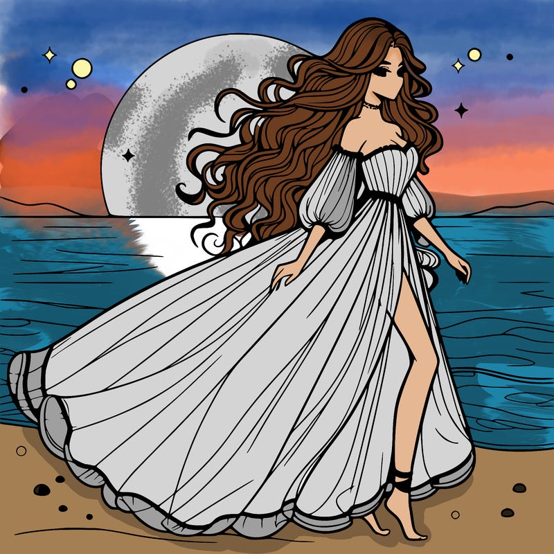 beautiful woman with a vaporous long dress walking on the beach at the noon, detailed art