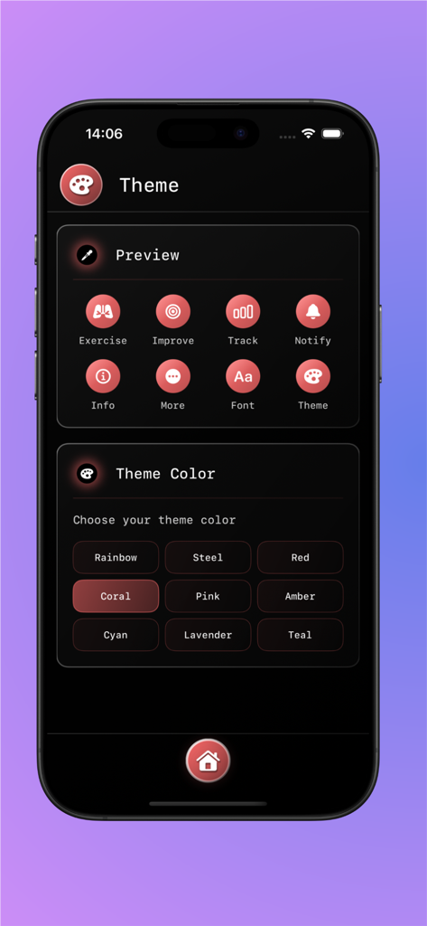 BreatheX – Breathing Exercises - BreatheX app screen showing theme customization options with various color choices and an icon preview on a dark background