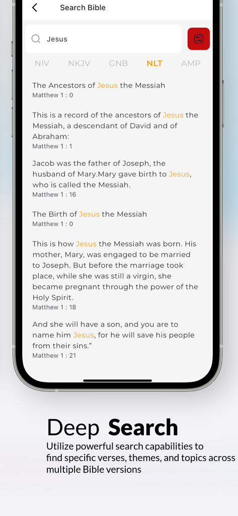 Multiversion Bible App Offline - Una captura de pantalla móvil que muestra la funcionalidad de búsqueda profunda de la Biblia Multiversión con resultados para la palabra clave Jesús.