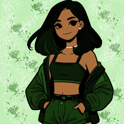a realistic girl with a crop top and short shorts in an open jacket