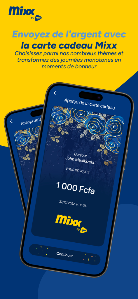 Mixx Togo - Mixx Togo app interface showing a personalized blue floral digital gift card for sending money