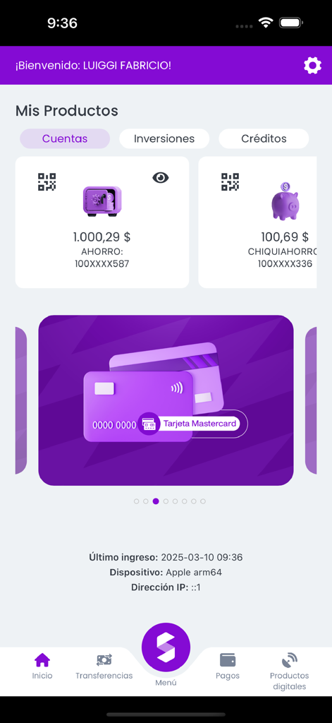 El Sagrario - Panel de la aplicación de banca móvil El Sagrario que muestra los saldos de las cuentas de productos de ahorro e inversión en español