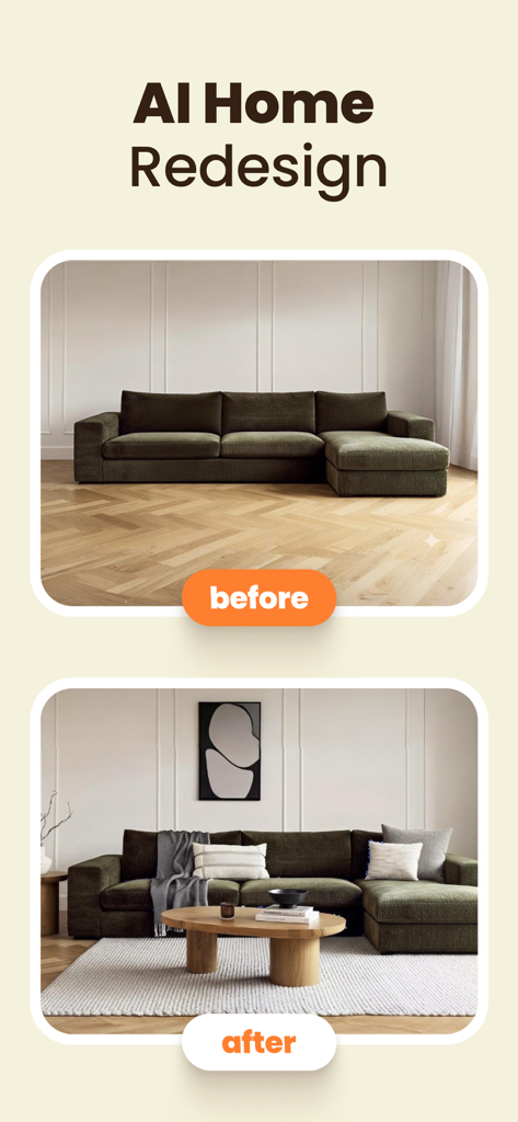 Una comparación de antes y después que muestra una sala de estar rediseñada con tecnología de IA