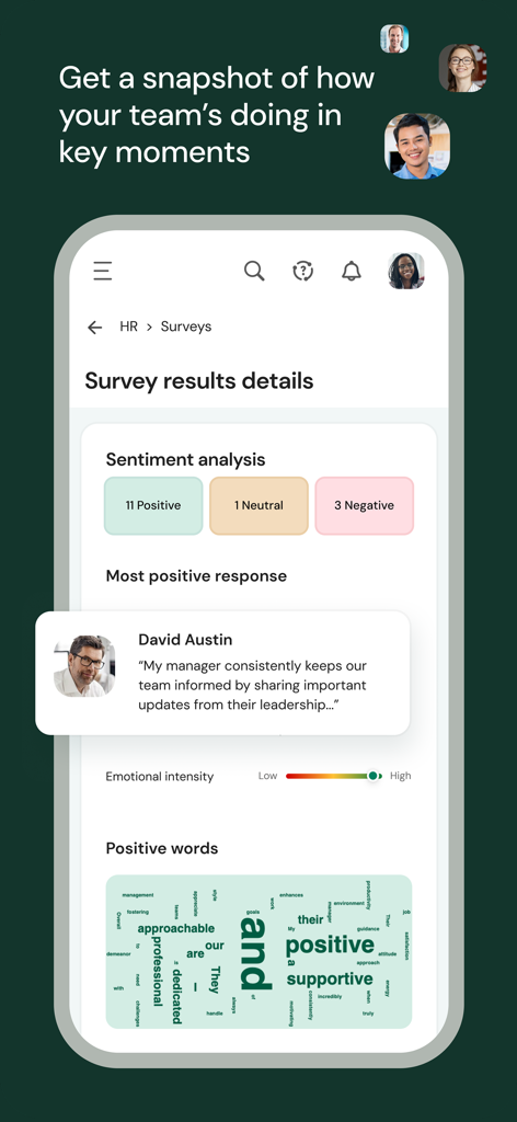 Schermata dell'app mobile UKG Ready che mostra i risultati del sondaggio dei dipendenti, inclusa l'analisi del sentiment e una word cloud di feedback positivi.