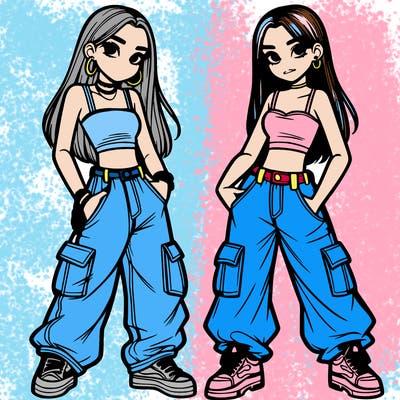 2 teen girls wearing baggy cargo jeans and crop tops