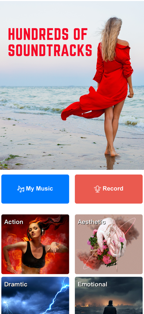Video Saver & Player - Screenshot of the Video Saver and Player app showing the music library with different soundtrack categories like Action and Aesthetic