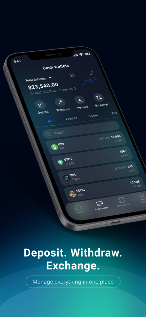 UEX.US - Interfaz de la aplicación móvil UEX.US que muestra billeteras de efectivo con opciones para depositar, retirar y cambiar activos digitales.