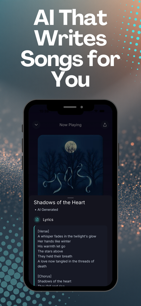 HyperMusic AI: Songs & Beats - HyperMusic AI app screen showing AI generated song lyrics and music player