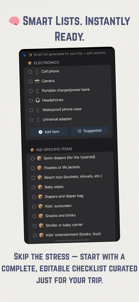 TripList: Smart Packing List - TripList mobile app screen showing categorized packing items for electronics and kids