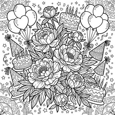 Dive into a blooming birthday party with this unique coloring page featuring exquisite wild peonies intertwined with festive celebration elements. Bring this joyous scene of cakes, balloons, and elegant flowers to life with your favorite colors.
