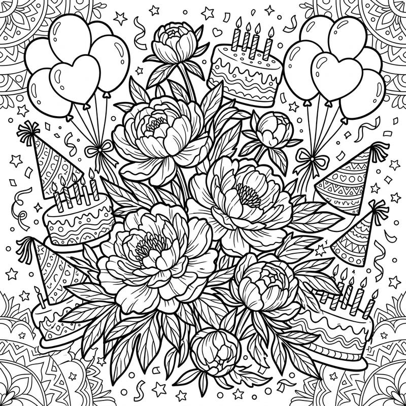 Dive into a blooming birthday party with this unique coloring page featuring exquisite wild peonies intertwined with festive celebration elements. Bring this joyous scene of cakes, balloons, and elegant flowers to life with your favorite colors.
