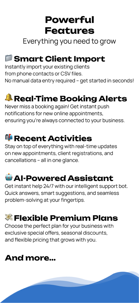 Bookora Calendar - Lista de características clave de la aplicación Bookora Calendar, incluyendo importación inteligente de clientes, alertas en tiempo real y asistente de IA