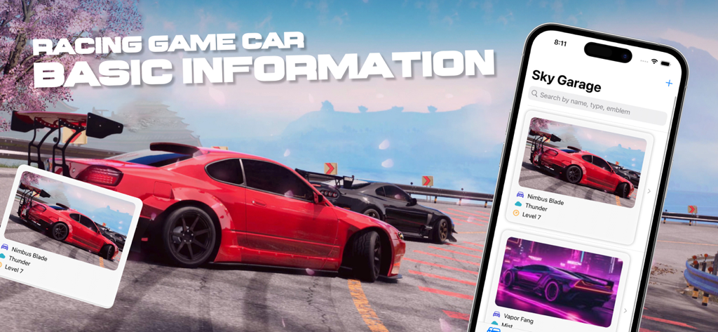 Race X Drift - Interface da SkyGarage do Race X Drift mostrando coleção de carros e estatísticas