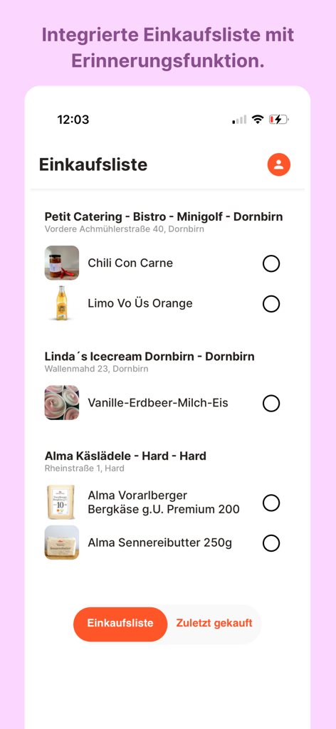 Xibee - Xibee app interface showing an integrated shopping list with local food products and a reminder function