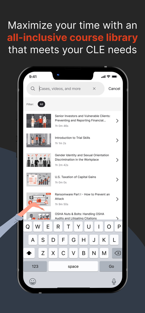 Quimbee app interface showing a list of Continuing Legal Education CLE courses for legal professionals.